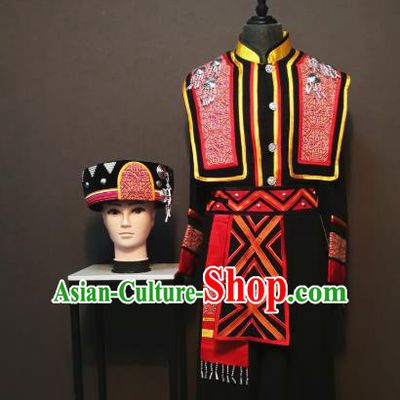 China Traditional Guizhou Miao Nationality Costumes Xiangxi Ethnic Folk Dance Clothing Minority Men Black Vest Shirt Pants and Headdress
