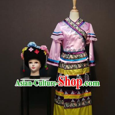China Traditional Wa Nationality Costumes Bouyei Minority Women Pink Blouse and Skirt Ethnic Folk Dance Clothing with Headwear