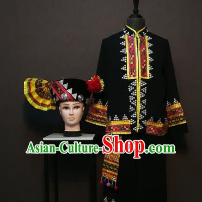 China Traditional Yunnan Nationality Men Costumes Ethnic Folk Dance Clothing Dai Minority Black Shirt and Pants with Hat