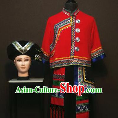China Traditional Tujia Nationality Men Costumes Ethnic Folk Dance Clothing Yi Minority Red Shirt and Black Pants Outfits with Hat