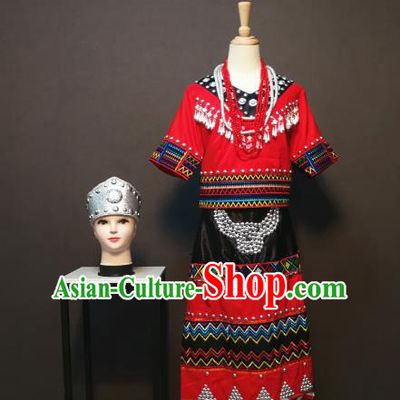 China Traditional Wa Nationality Red Blouse and Skirt Outfits Ethnic Folk Dance Clothing Yun Minority Festival Costumes with Headdress