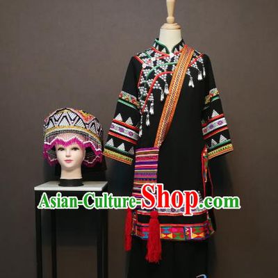 China Traditional Yunnan Nationality Black Blouse and Skirt Outfits Ethnic Folk Dance Clothing Lahu Minority Festival Women Costumes with Headdress