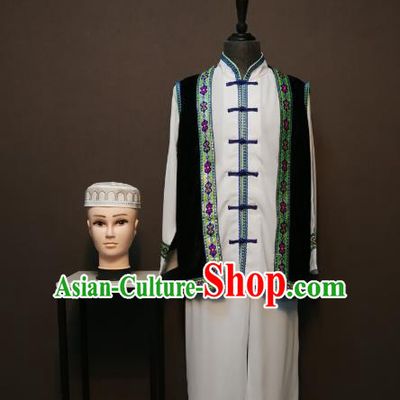 China Traditional Hui Ethnic Dance Clothing Minority Men Costumes Ningxia Nationality Vest Shirt and Pants and Headwear