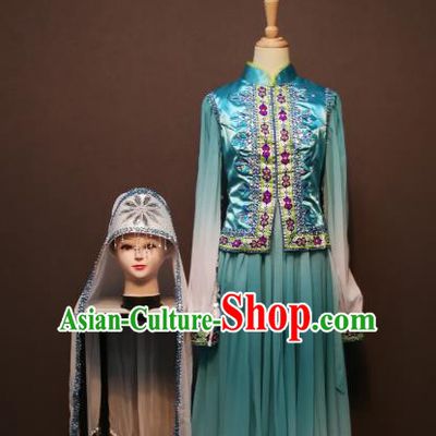 China Traditional Hui Ethnic Folk Dance Clothing Minority Women Costumes Ningxia Nationality Embroidered Blue Jacket with Dress and Headwear