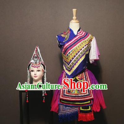 Custom China Traditional She Ethnic Folk Dance Clothing Minority Women Costumes She Nationality Embroidered Blue Blouse and Skirt and Headpieces