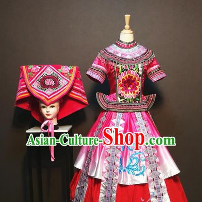 Custom China Traditional Zhuang Ethnic Folk Dance Clothing Guangxi Minority Women Costumes Nationality San Yue San Festival Rosy Embroidered Dress and Headdress