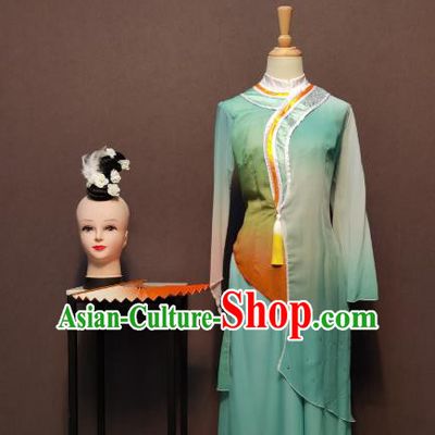 China Women Fan Dance Clothing Blue Dress Spring Festival Gala Classical Dance Costumes and Headwear