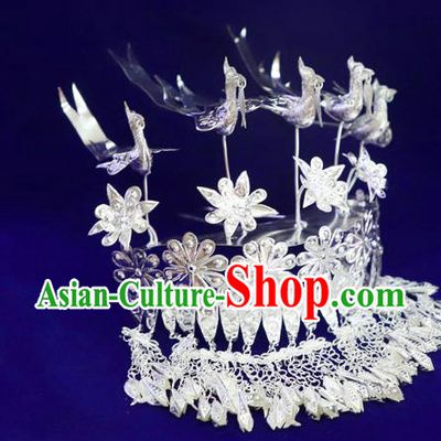 Chinese Miao Ethnic Women Hair Accessories Guizhou Miao Nationality Silver Five Birds Hair Crown Tassel Hairpins