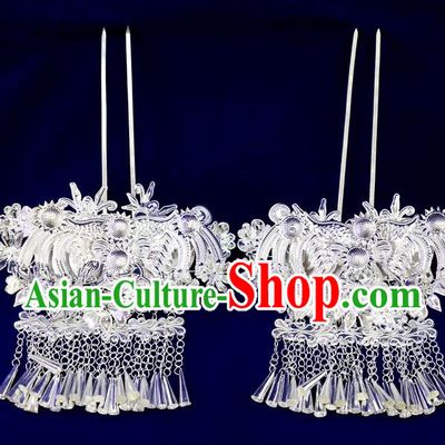 Handmade China Miao Ethnic Argent Hair Stick Guizhou Minority Folk Dance Hair Accessories Nationality Stage Performance Hairpins