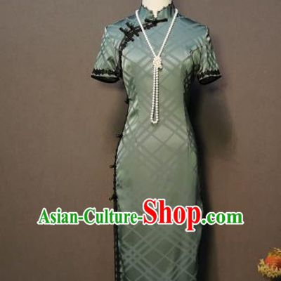 China Stage Performance Green Silk Qipao Dress Classical Dance Costume Women Cheongsam
