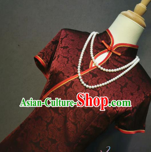 China Rose Pattern Wine Red Silk Qipao Dress Classical Dance Costume Mother Wedding Cheongsam China Rose Pattern Wine Red Silk Qipao Dress Classical Dance Costume Mother Wedding Cheongsam