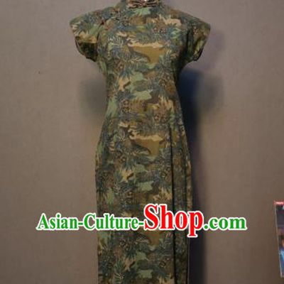 Printing Dark Green Qipao Dress Republic of China Traditional Shanghai Cheongsam Classical Dance Clothing