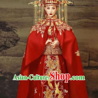 Chinese Wedding Embroidered Red Hanfu Dress Traditional Costumes Bride Xiuhe Suits with Cloak and Headdress Complete Set