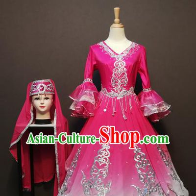 Custom China Xinjiang Ethnic Bride Clothing Traditional Minority Folk Dance Costumes Kazak Nationality Rosy Dress and Hat