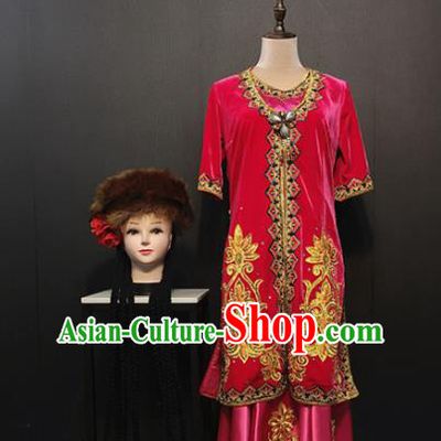 Custom China Xinjiang Ethnic Clothing Traditional Minority Folk Dance Costumes Uyghur Nationality Rosy Gown and Dress with Hat Full Set