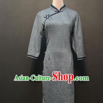 Republic of China Women Qipao Dress Drama Performance Dance Clothing Grey Suede Fabric Cheongsam