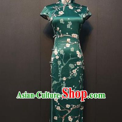 Republic of China Plum Blossom Pattern Green Silk Cheongsam Drama Performance Classical Dance Clothing Shanghai Qipao Dress