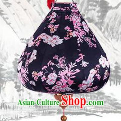 Handmade Chinese Printing Flowers Black Palace Lanterns Traditional New Year Lantern Classical Festival Cloth Lamp