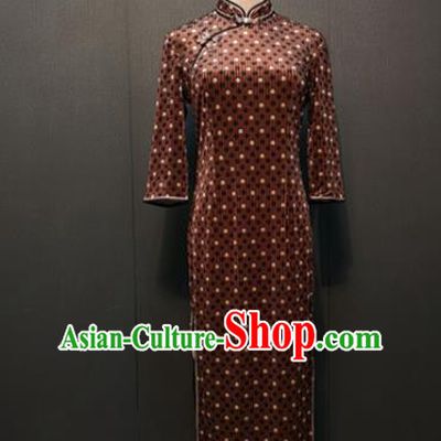 Republic of China Rust Red Velvet Cheongsam Drama Performance Classical Dance Clothing Shanghai Women Qipao Dress