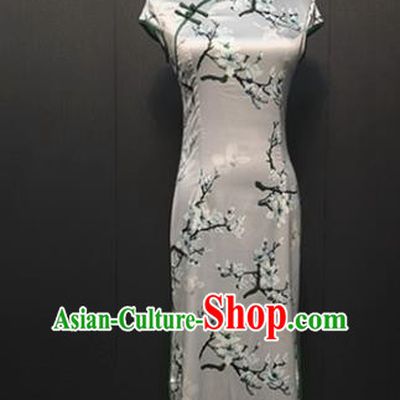 Custom Printing Magnolia Gray Silk Cheongsam Drama Performance Clothing Republic of China Classical Young Mistress Qipao Dress