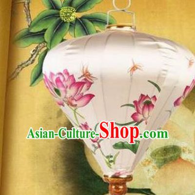 Handmade Chinese Printing Lotus Palace Lanterns Traditional New Year Lantern Classical Festival White Satin Lamp