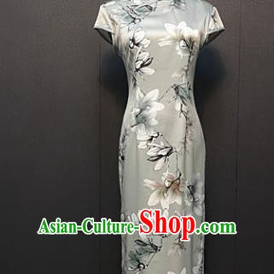 Custom Shanghai Mother Silk Cheongsam Drama Performance Clothing Republic of China Magnolia Pattern Gray Qipao Dress
