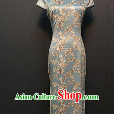Custom Catwalks Cheongsam Drama Performance Classical Dance Clothing Republic of China Printing Light Blue Qipao Dress