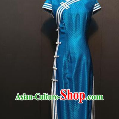 Custom Drama Women Royalblue Silk Qipao Dress Stage Performance Clothing Republic of China Classical Cheongsam