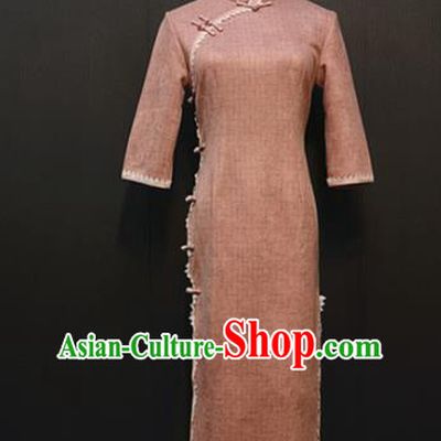 Custom Suede Fabric Qipao Dress Stage Performance Clothing Republic of China Drama Women Classical Pink Cheongsam