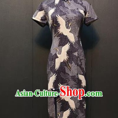 Custom Young Mistress Purple Qipao Dress Stage Performance Clothing Republic of China Drama Classical Printing Cranes Suede Fabric Cheongsam