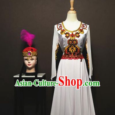 Custom China Uyghur Ethnic Clothing Traditional Minority Folk Dance Costumes Xinjiang Nationality White Dress with Hat Full Set