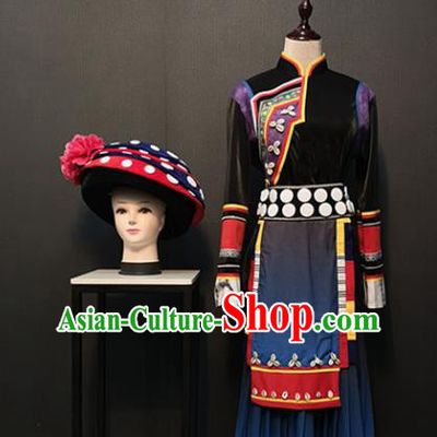 Custom China Tujia Ethnic Female Clothing Traditional Minority Women Costumes Hani Nationality Folk Dance Outfits and Hat