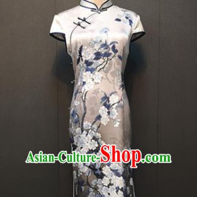 China Shanghai Classical Printing Grey Silk Qipao Dress Custom Republic of China Cheongsam Traditional Mother Costume