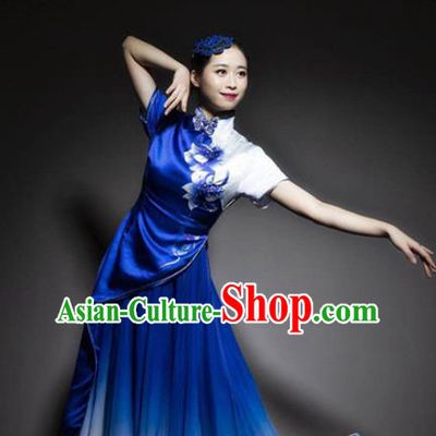 Chinese Traditional Classical Dance Royalblue Dress Fan Dance Costume Umbrella Dance Clothing