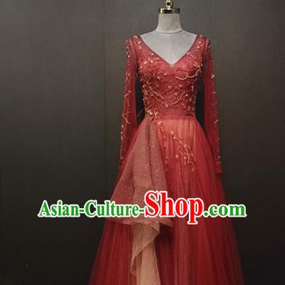Top Grade Compere Red Dress Stage Performance Modern Dance Clothing Waltz Dance Costume