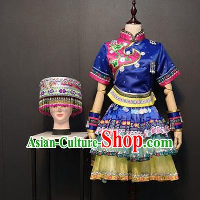 Custom Miao Nationality Blue Blouse and Short Skirt China Ethnic Woman Clothing Traditional Minority Dance Costumes and Headwear