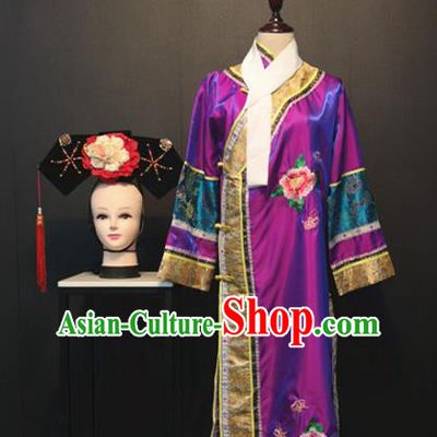 Chinese Qing Dynasty Imperial Consort Clothing Ancient Manchu Women Costume Traditional Stage Performance Purple Dress and Headwear