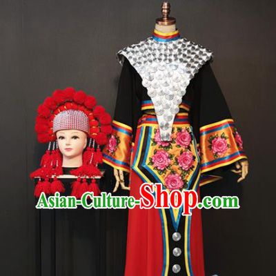 Custom China Miao Ethnic Bride Clothing Hmong Nationality Folk Dance Black Blouse and Skirt Traditional Minority Wedding Costumes and Red Hat