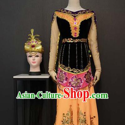 Custom China Xinjiang Ethnic Folk Dance Clothing Nationality Women Dress Traditional Uyghur Minority Costumes and Hair Accessories