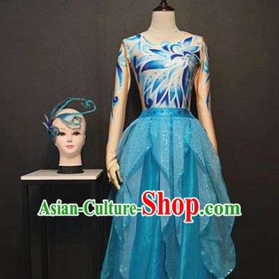 Top Opening Dance Blue Veil Dress Traditional Modern Dance Clothing Stage Performance Costume and Headpiece