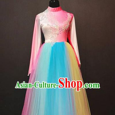 Top Modern Dance Veil Long Dress Traditional Modern Dance Rainbow Clothing Spring Festival Gala Stage Performance Costume