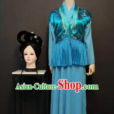 Traditional China Ming Dynasty Servant Girl Costume Ancient Clothing Drama The Dream Of Red Mansions Yuan Yang Blue Dress and Headwear