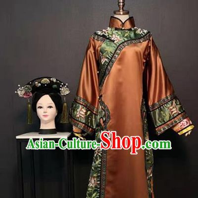 Traditional Drama Story of Yanxi Palace China Qing Dynasty Empress Costume Ancient Queen Fucha Brown Dress Clothing and Headdress