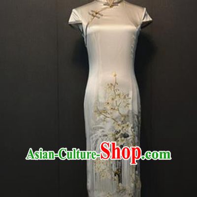 Top Grade Compere Printing Silk Qipao Dress Stage Performance Clothing Classical Cheongsam