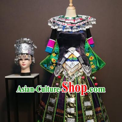 Custom China Xiangxi Ethnic Clothing Tujia Nationality Folk Dance Black Blouse and Skirt Traditional Minority Festival Costumes and Headwear