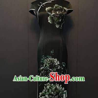 Compere Printing Peony Black Silk Qipao Dress Custom Stage Performance Clothing Classical Shanghai Cheongsam