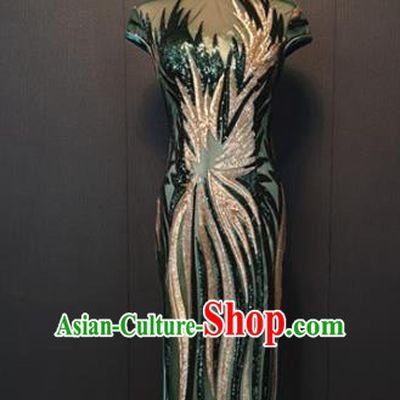 Custom Clothing Republic of China Traditional Cheongsam Shanghai Women Classical Embroidered Green Sequins Qipao Dress