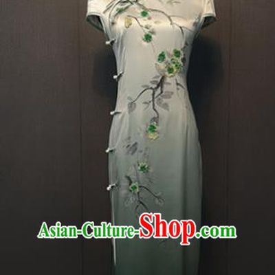 Custom Shanghai Women Clothing Republic of China Traditional Silk Cheongsam Classical Embroidered Plum Blossom Light Green Qipao Dress