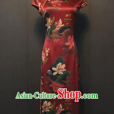 Custom China Traditional Cheongsam Annual Meeting Clothing Compere Printing Lotus Red Silk Wedding Qipao Dress