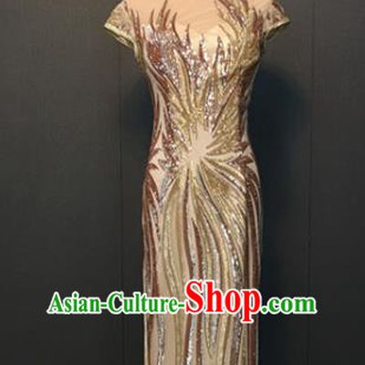 Custom China Embroidered Pink Qipao Dress Traditional Classical Cheongsam Annual Meeting Compere Clothing